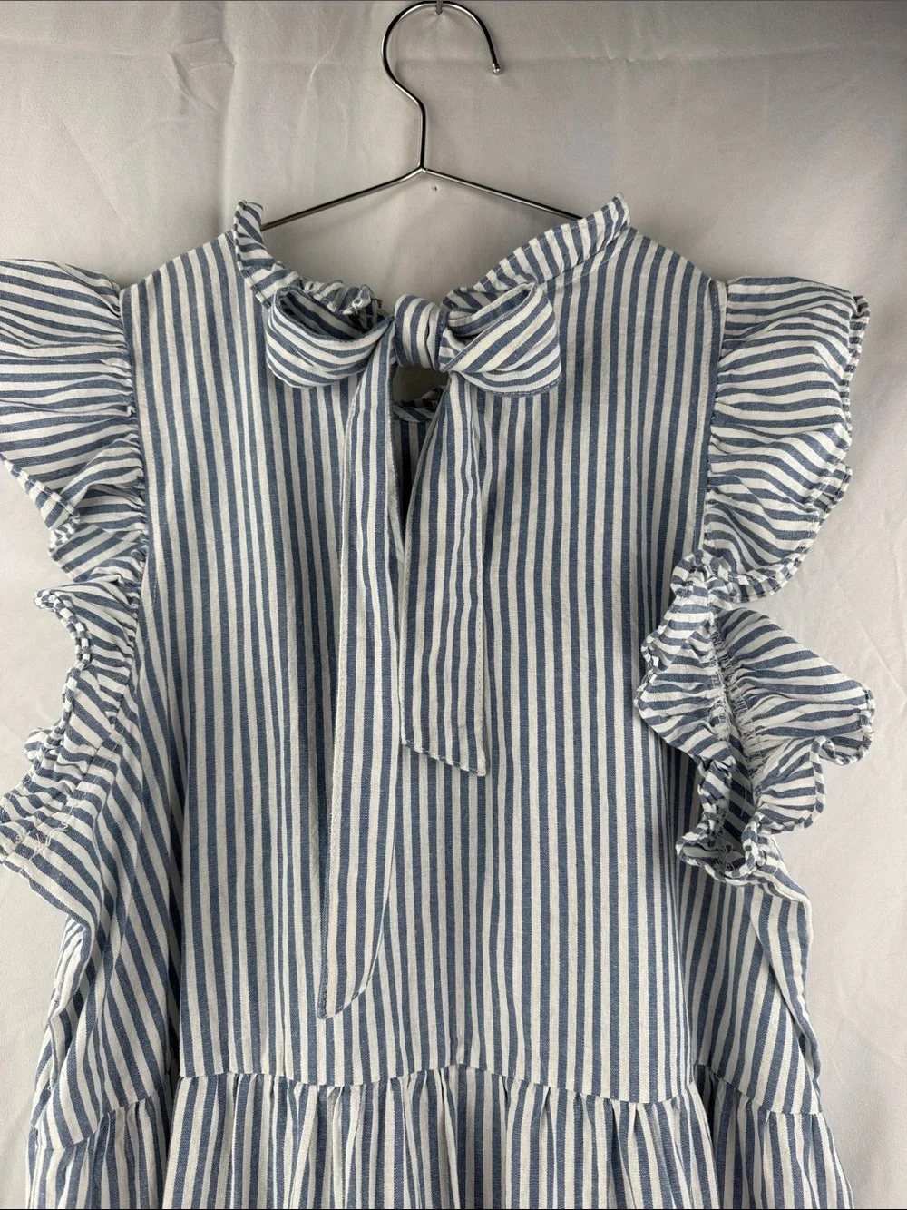 Mudpie Blue & White Striped Tiered Ruffle Sleeve Tie Back Size Large Kids Dress